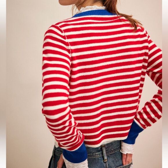 Free People Nocturnal Stripe Cashmere Blend Cardigan in Valiant Blue Combo NWOT - Picture 3 of 10